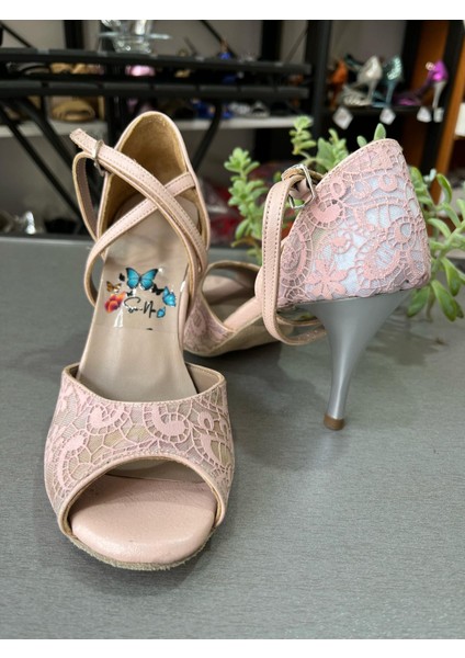 Pembe Dantel Kaplama 8,5 Cmtopuk Boyu Kadın Tango ve Salon Ayakkabısı