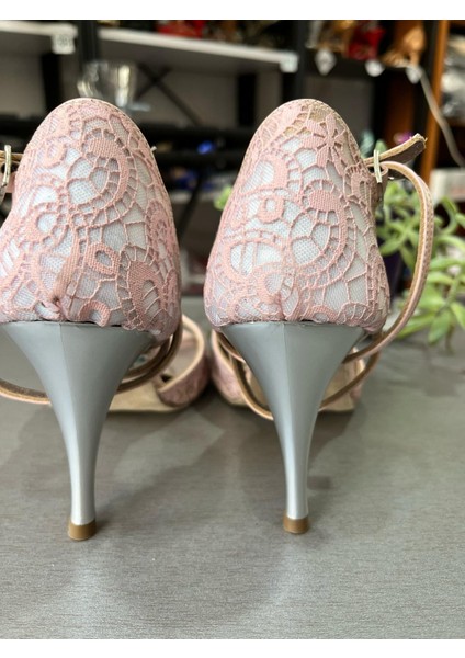 Pembe Dantel Kaplama 8,5 Cmtopuk Boyu Kadın Tango ve Salon Ayakkabısı