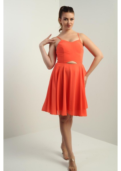 Kadın Ip Askılı Arkası Bağlamalı Önü Pencereli Astarlı Şifon Kısa Kloş Elbise fiyatları