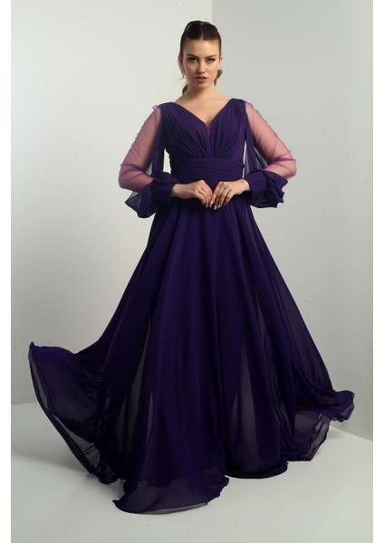 Ön Arka V Yaka Önü Drapeli Kolları Tül Astarlı Geniş Beden Aralıklı Uzun Şifon Elbise