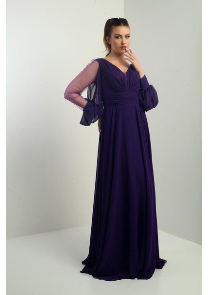 Ön Arka V Yaka Önü Drapeli Kolları Tül Astarlı Geniş Beden Aralıklı Uzun Şifon Elbise fiyatları