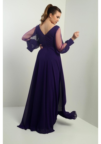 Ön Arka V Yaka Önü Drapeli Kolları Tül Astarlı Geniş Beden Aralıklı Uzun Şifon Elbise fırsatları