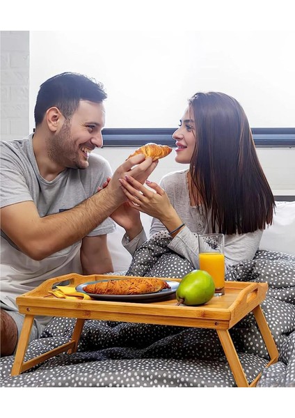 Katlanır Ayaklı Bambu Tepsi, Portatif Tepsi, Yatak Keyif Tepsisi, Yatak Kahvaltı Tepsisi