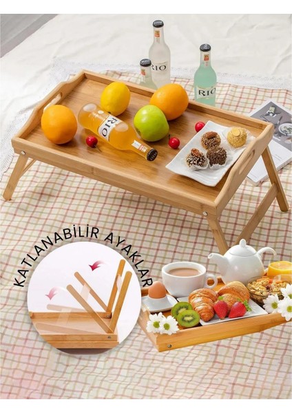 Katlanır Ayaklı Bambu Tepsi, Portatif Tepsi, Yatak Keyif Tepsisi, Yatak Kahvaltı Tepsisi