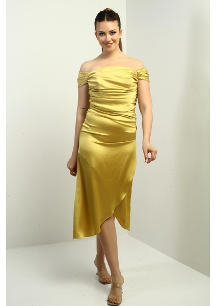 Kadın Madonna Yaka Drapeli Asimetrik Saten Kısa Elbise