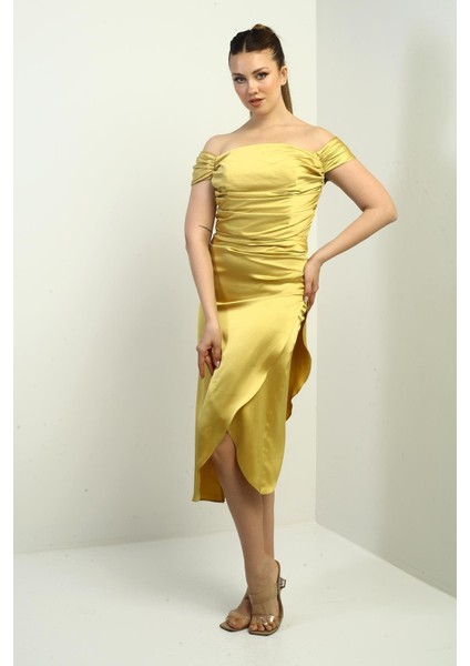 Kadın Madonna Yaka Drapeli Asimetrik Saten Kısa Elbise fiyatları
