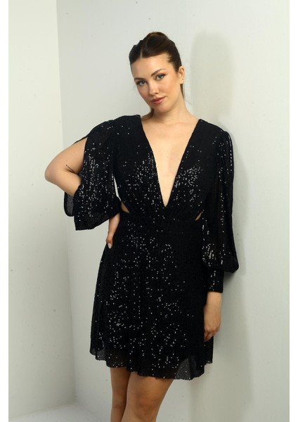 Kadın Ön Arka V Yaka Bel Dekolteli Astarlı Pulpayet Kloş Kısa Elbise fiyatları