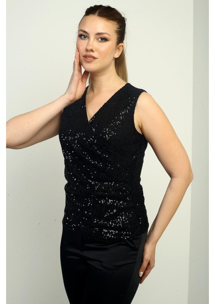 Kadın Kruvaze Yaka Önü Drapeli Kolsuz Astarlı Pulpayet Bluz