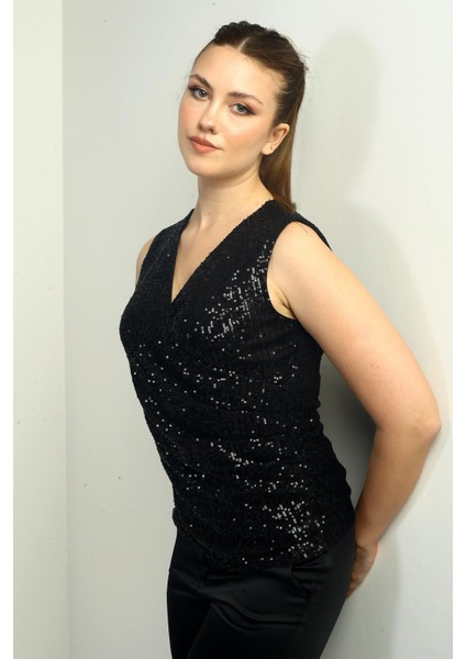 Kadın Kruvaze Yaka Önü Drapeli Kolsuz Astarlı Pulpayet Bluz modelleri