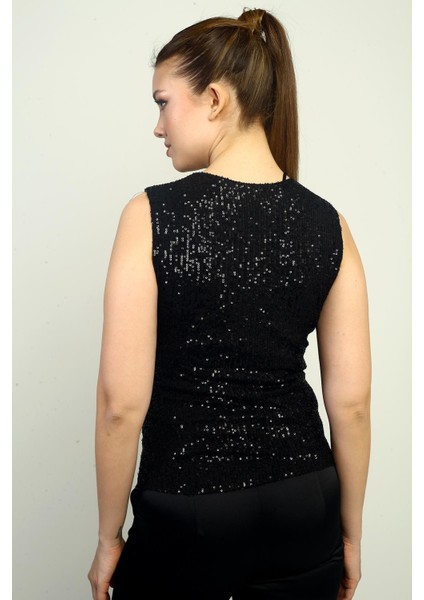 Kadın Kruvaze Yaka Önü Drapeli Kolsuz Astarlı Pulpayet Bluz fırsatları