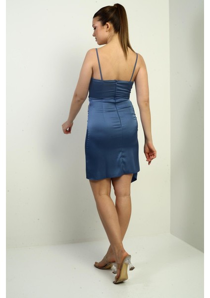 Kadın Ip Askılı Kruvaze Yaka Drapeli Beli Püsküllü Saten Kısa Elbise fırsatları