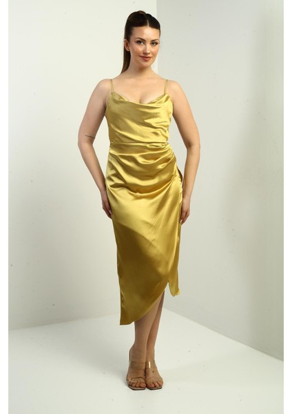 Kadın Ip Askılı Drapeli Astarlı Asimetrik Midi Elbise fiyatları