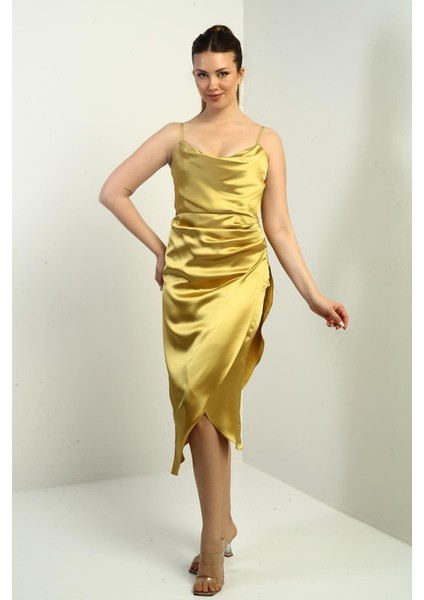 Kadın Ip Askılı Drapeli Astarlı Asimetrik Midi Elbise modelleri