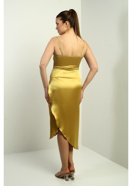 Kadın Ip Askılı Drapeli Astarlı Asimetrik Midi Elbise fırsatları