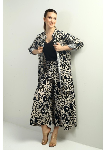 Kadın Yanları Yırtmaçlı Tunik Gömlek Beli Lastikli Cepli Palazzo Pantolon Karışık Desenli Oversize 2'li Takım