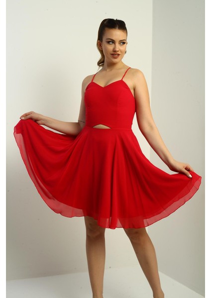 Kadın Ip Askılı Arkası Bağlamalı Önü Pencereli Astarlı Şifon Kısa Kloş Elbise