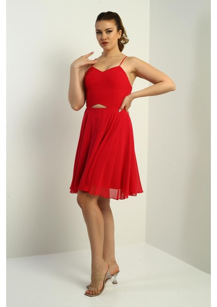 Kadın Ip Askılı Arkası Bağlamalı Önü Pencereli Astarlı Şifon Kısa Kloş Elbise fiyatları