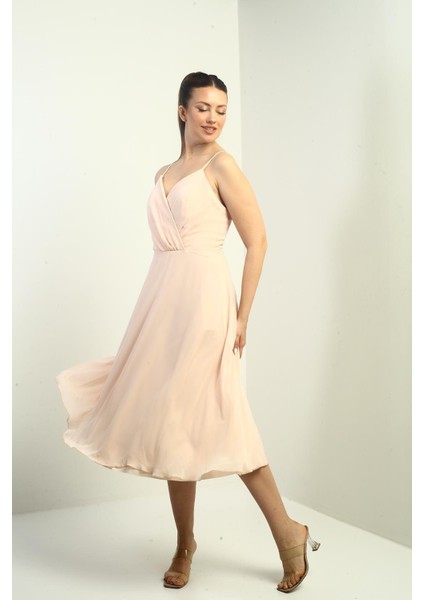 Kadın Ip Askılı Kruvaze Yaka Astarlı Arkası Bağcıklı Kloş Şifon Elbise