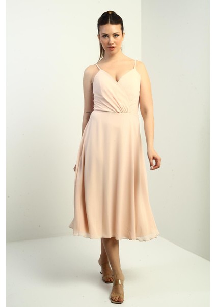 Kadın Ip Askılı Kruvaze Yaka Astarlı Arkası Bağcıklı Kloş Şifon Elbise modelleri