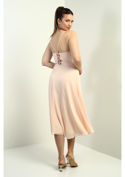 Kadın Ip Askılı Kruvaze Yaka Astarlı Arkası Bağcıklı Kloş Şifon Elbise fırsatları