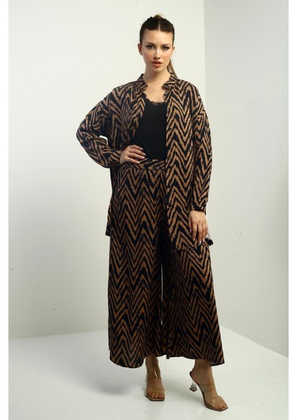 Kadın Yanları Yırtmaçlı Tunik Gömlek Beli Lastikli Palazzo Pantoln Zigzag Desen Oversize 2'li Takım