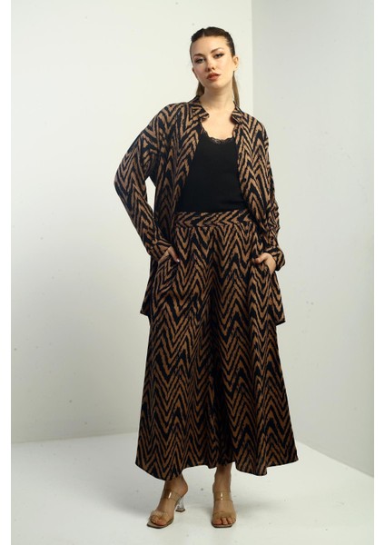 Kadın Yanları Yırtmaçlı Tunik Gömlek Beli Lastikli Palazzo Pantoln Zigzag Desen Oversize 2'li Takım