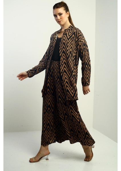 Kadın Yanları Yırtmaçlı Tunik Gömlek Beli Lastikli Palazzo Pantoln Zigzag Desen Oversize 2'li Takım