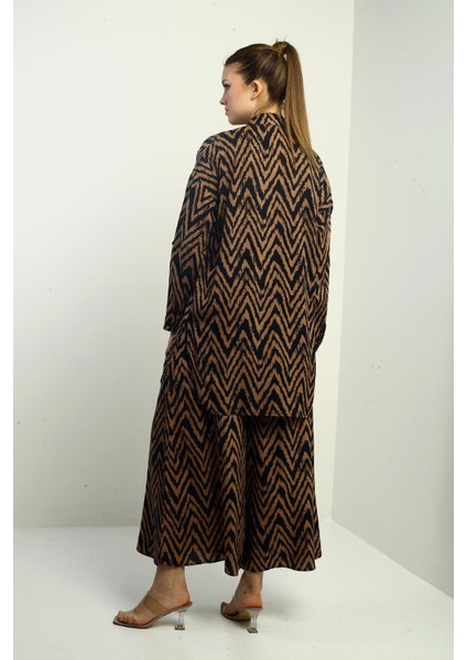 Kadın Yanları Yırtmaçlı Tunik Gömlek Beli Lastikli Palazzo Pantoln Zigzag Desen Oversize 2'li Takım