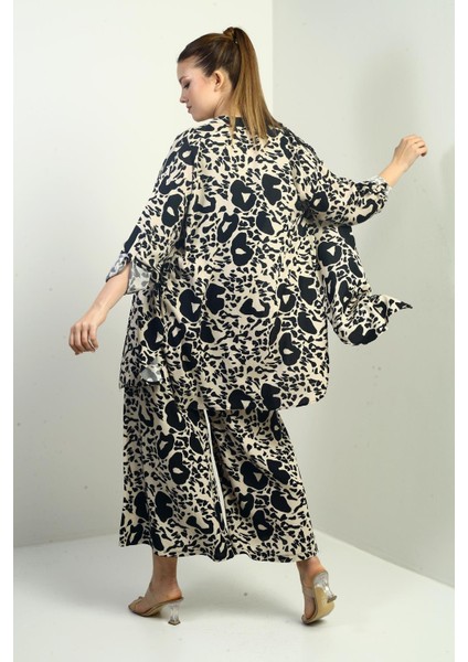 Kadın Yanları Yırtmaçlı Tunik Gömlek Beli Lastikli Cepli Palazzo Pantolon Karışık Desenli Oversize 2'li Takım