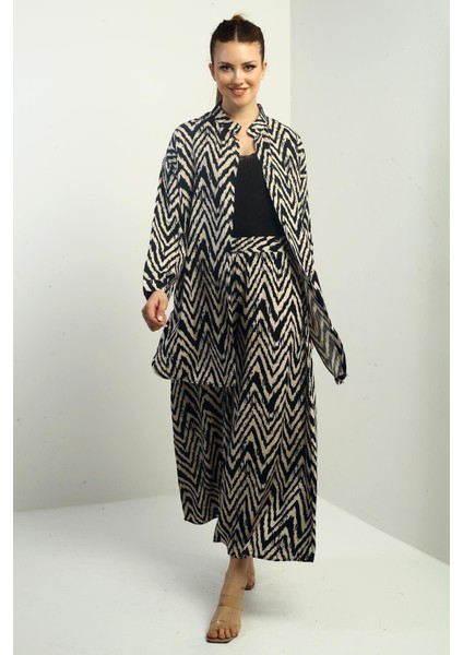 Kadın Yanları Yırtmaçlı Tunik Gömlek Beli Lastikli Palazzo Pantoln Zigzag Desen Oversize 2'li Takım