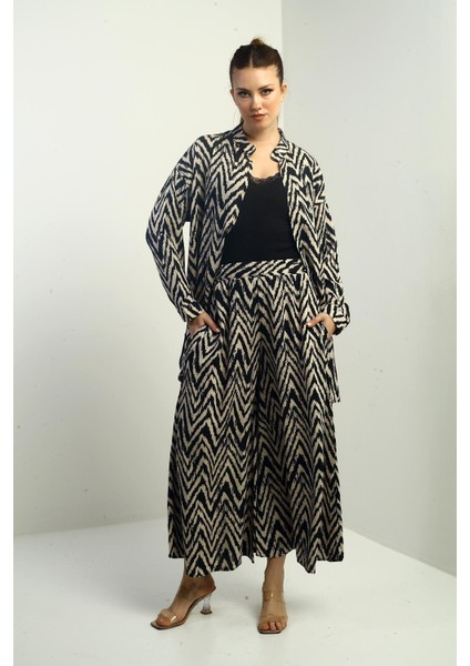 Kadın Yanları Yırtmaçlı Tunik Gömlek Beli Lastikli Palazzo Pantoln Zigzag Desen Oversize 2'li Takım
