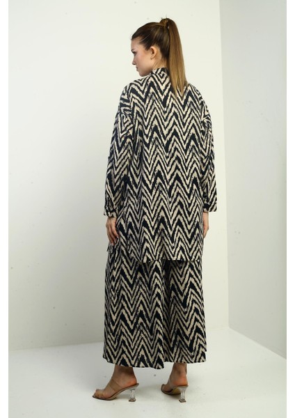 Kadın Yanları Yırtmaçlı Tunik Gömlek Beli Lastikli Palazzo Pantoln Zigzag Desen Oversize 2'li Takım