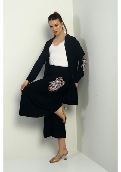 Kadın Yanları Yırtmaçlı Tunik Gömlek Beli Lastikli Cepli Palazzo Pantolon Nakışlı Oversize 2'li Takım