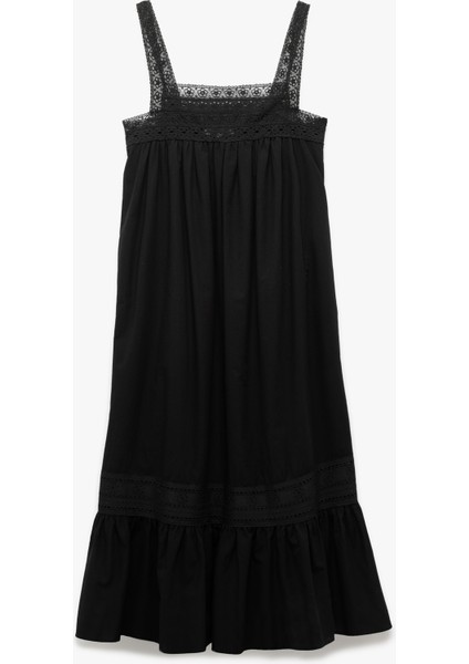 Pamuklu Dantel Detaylı Kare Yaka Uzun Askılı Elbise