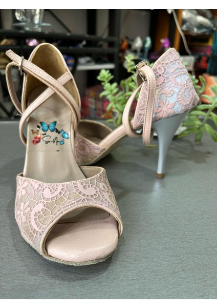 Pembe Dantel Kaplama 8,5 Cmtopuk Boyu Kadın Tango ve Salon Ayakkabısı
