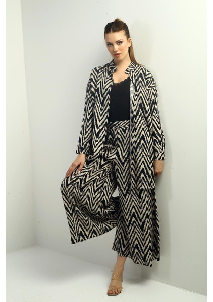 Kadın Yanları Yırtmaçlı Tunik Gömlek Beli Lastikli Palazzo Pantoln Zigzag Desen Oversize 2'li Takım