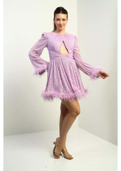 Kadın Önü Pencereli Tüy Detaylı Astarlı Pulpayet Kısa Elbise