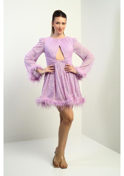 Kadın Önü Pencereli Tüy Detaylı Astarlı Pulpayet Kısa Elbise fiyatları