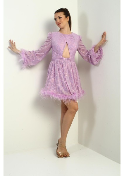 Kadın Önü Pencereli Tüy Detaylı Astarlı Pulpayet Kısa Elbise modelleri