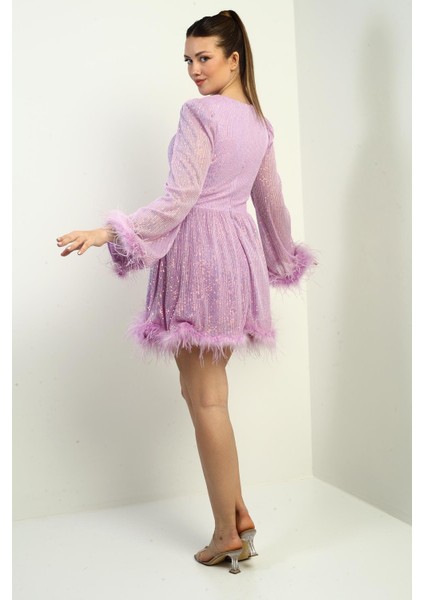 Kadın Önü Pencereli Tüy Detaylı Astarlı Pulpayet Kısa Elbise fırsatları