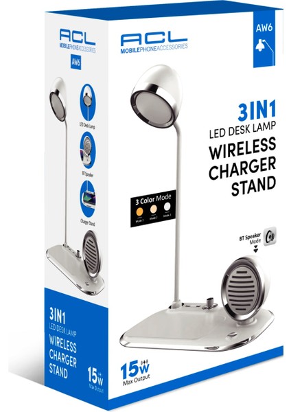 3 In 1 Masa Lambalı, Bluetooth Hoparlörlü, 15W Wireless Şarj Standı Aw6