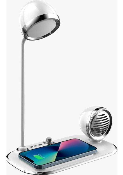 3 In 1 Masa Lambalı, Bluetooth Hoparlörlü, 15W Wireless Şarj Standı Aw6