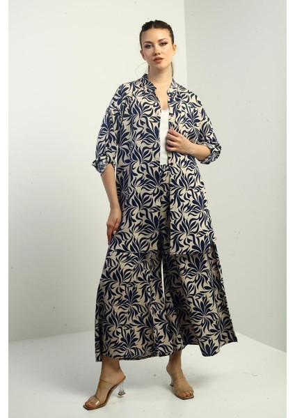 Kadın Yanları Yırtmaçlı Tunik Gömlek Beli Lastikli Cepli Palazzo Pantolon Çiçek Desen Oversize 2'li Takım