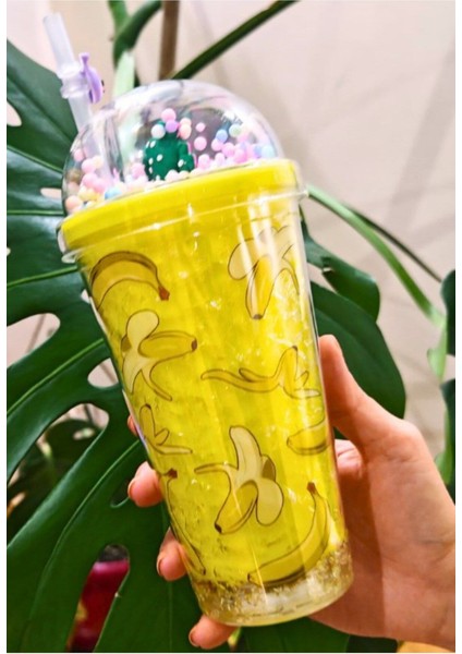 Pipetli Buzlu Cam Görünümlü Suluk LED Işıklı Figürlü Banana Muz Temalı Suluk 450 ml Çift Katman Suluk 2768