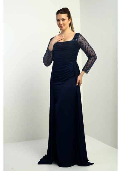 Kadın Kare Yaka Astarlı Kolu Boncuklu Geniş Beden Aralıklı Krep Saten Uzun Abiye Elbise