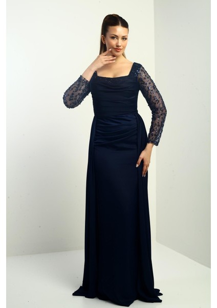 Kadın Kare Yaka Astarlı Kolu Boncuklu Geniş Beden Aralıklı Krep Saten Uzun Abiye Elbise fiyatları