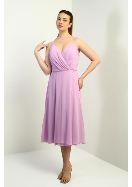 Kadın Ip Askılı Kruvaze Yaka Astarlı Arkası Bağcıklı Kloş Şifon Elbise fiyatları