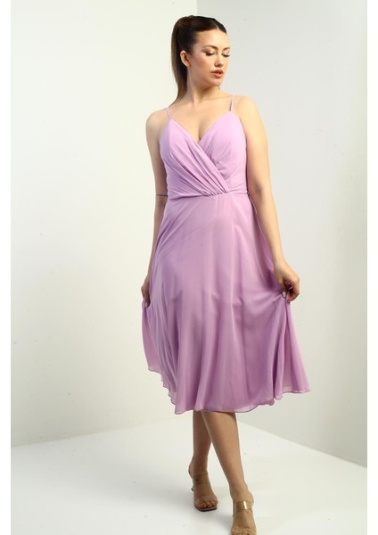 Kadın Ip Askılı Kruvaze Yaka Astarlı Arkası Bağcıklı Kloş Şifon Elbise modelleri