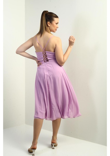 Kadın Ip Askılı Kruvaze Yaka Astarlı Arkası Bağcıklı Kloş Şifon Elbise fırsatları