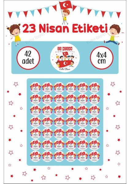 23 Nisan Etiketi Çocuk Konfeti ve Bayraklı Ulusal Egemenlik ve Çocuk Bayramı Sticker
